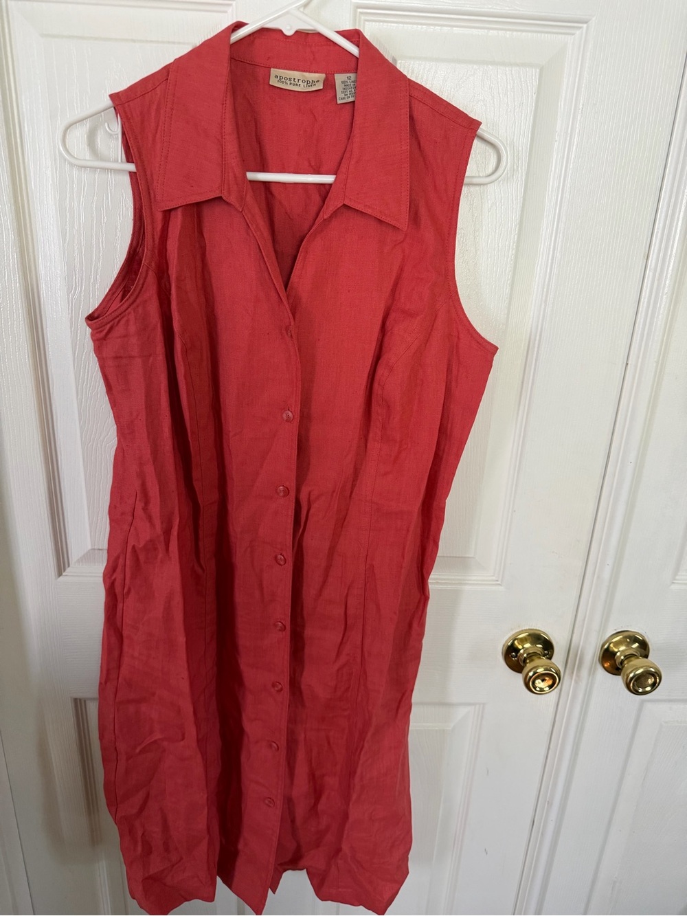 Apostrophe Coral Linen Sleeveless Button Shirt Dress